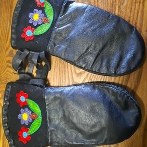 Handmade Leather Beaded Gauntlet Mitts - NW Ontario Anishnaabe traditional